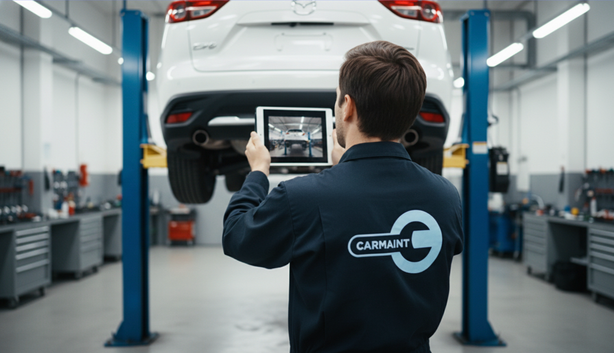 CarMaint technician filming a Mazda CX-9 on a hoist with a tablet