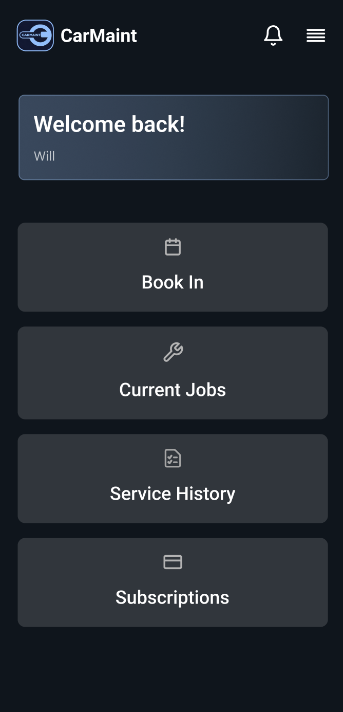CarMaint customer app home screen