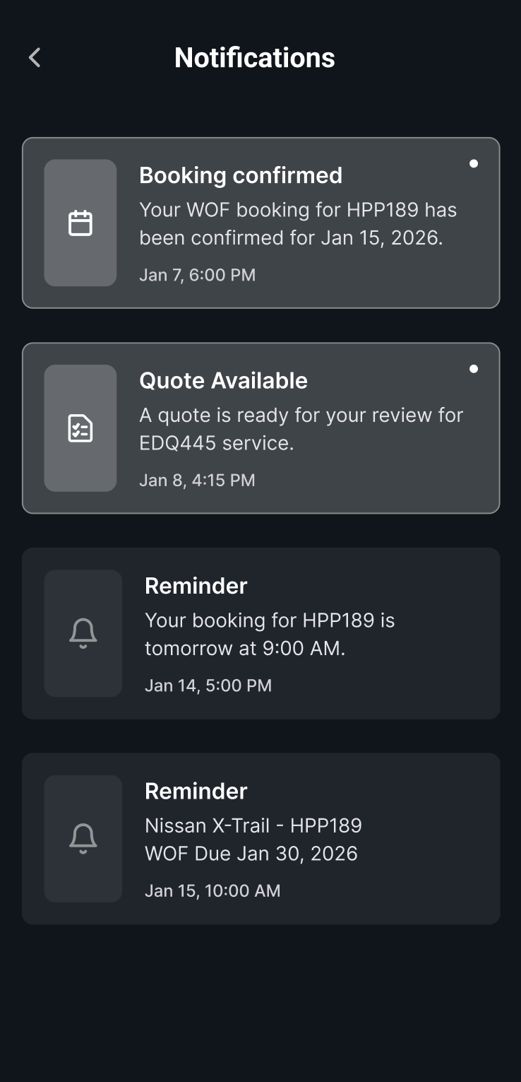 CarMaint customer notifications screen