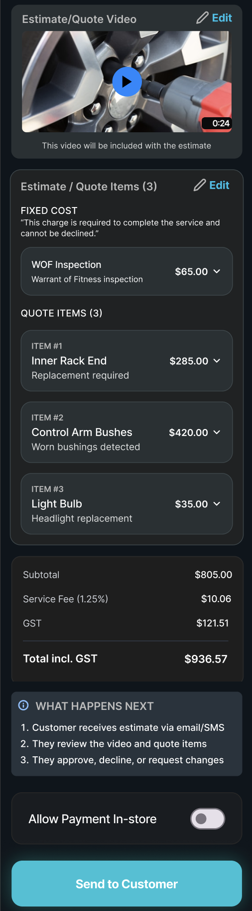 CarMaint workshop quote builder showing the estimate video, line items, totals and the send to customer button