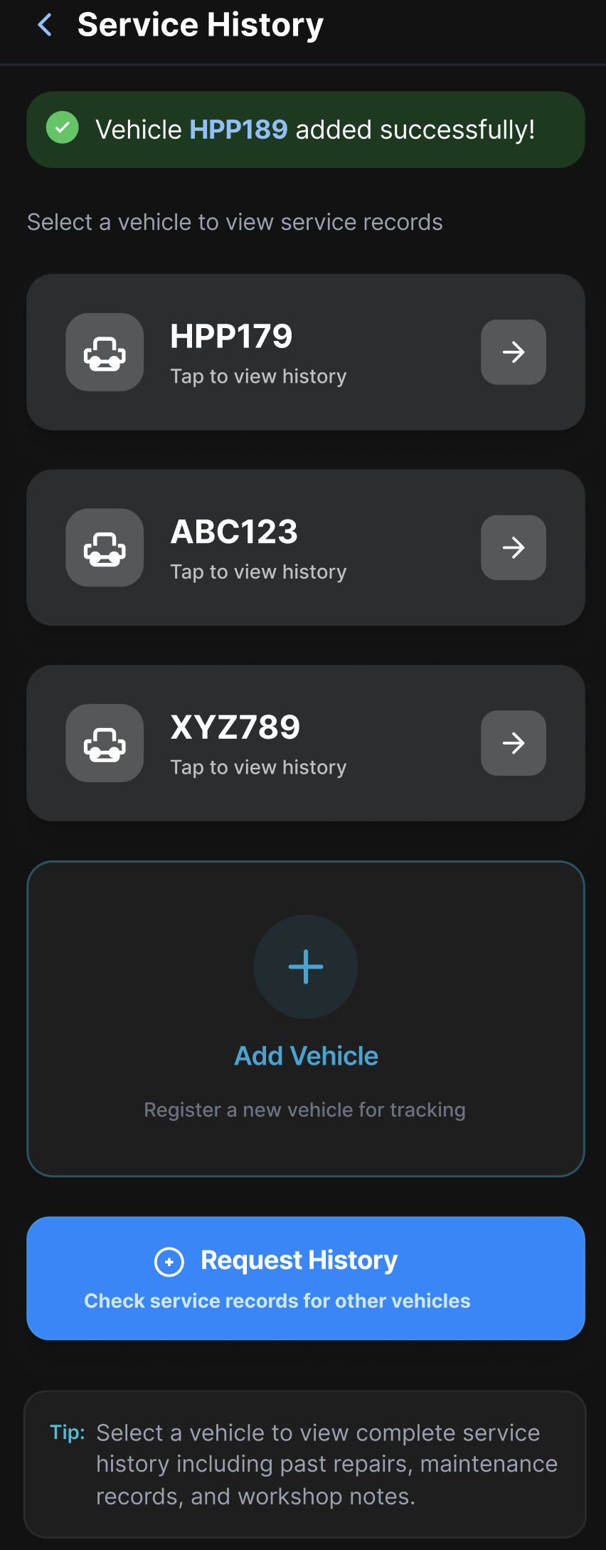 CarMaint vehicle service history list in the app